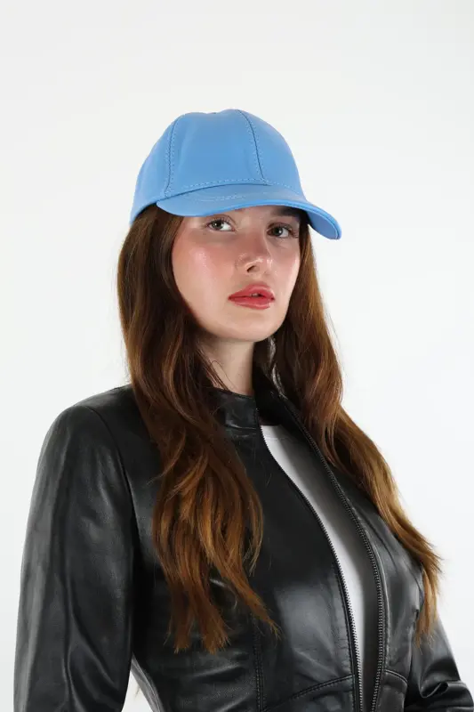 DERİHOUSE Unisex Mavi Hakiki Deri Şapka