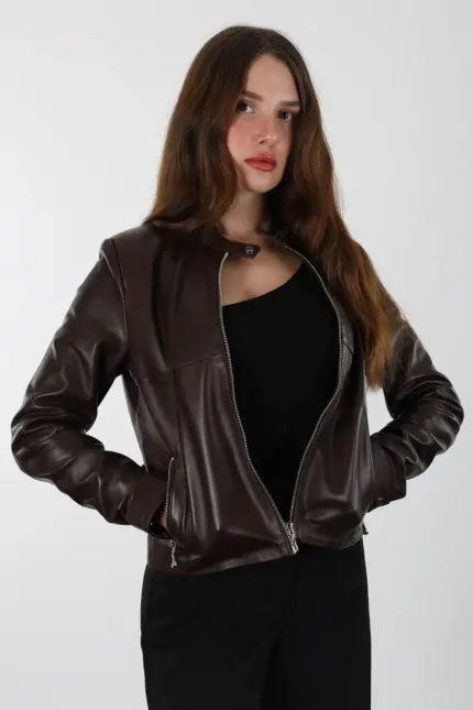 Dolami Kadın Koyu Kahverengi Hakiki Deri Ceket