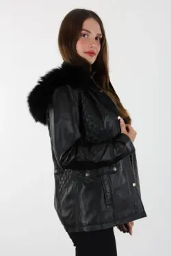 Druzy Kısa Siyah Kadın Hakiki Deri Mont