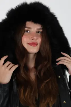 Druzy Kısa Siyah Kadın Hakiki Deri Mont