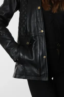 Druzy Kısa Siyah Kadın Hakiki Deri Mont