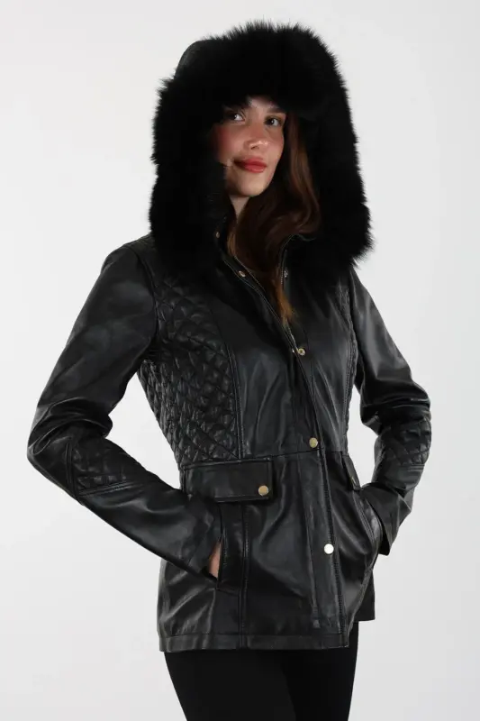 Druzy Kısa Siyah Kadın Hakiki Deri Mont