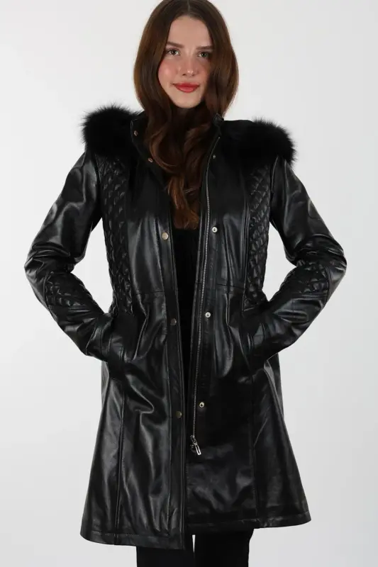 Druzy Uzun Siyah Kadın Hakiki Deri Mont