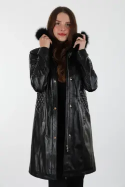 Druzy Uzun Siyah Kadın Hakiki Deri Mont