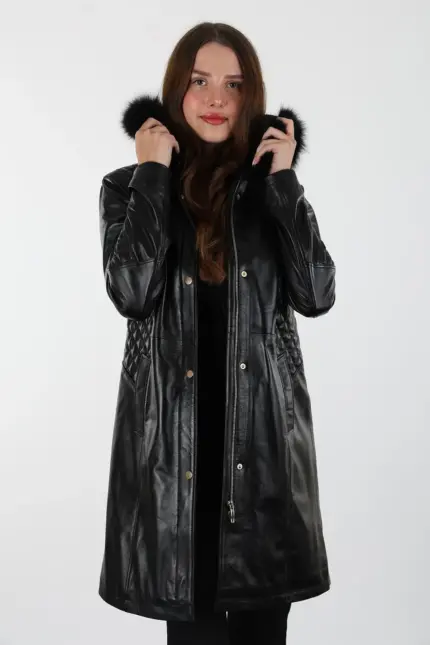 Druzy Uzun Siyah Kadın Hakiki Deri Mont