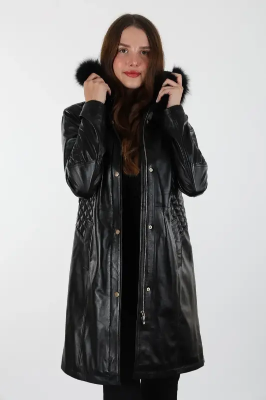 Druzy Uzun Siyah Kadın Hakiki Deri Mont