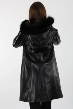 Druzy Uzun Siyah Kadın Hakiki Deri Mont