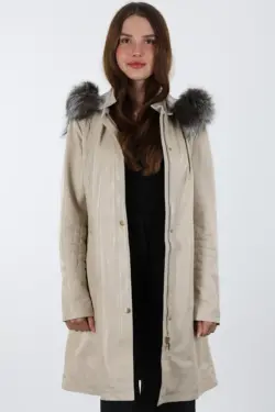 Druzy Kadın Bej Uzun Hakiki Deri Ceket