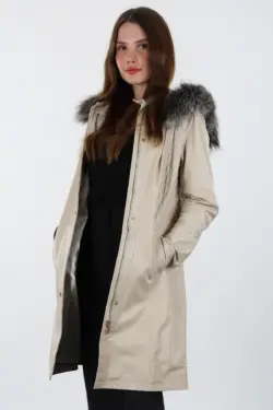 Druzy Kadın Bej Uzun Hakiki Deri Ceket