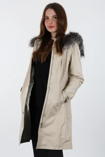 Druzy Kadın Bej Uzun Hakiki Deri Ceket