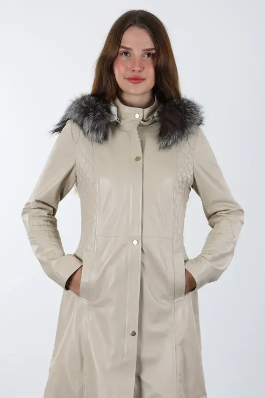 Druzy Kadın Bej Uzun Hakiki Deri Ceket