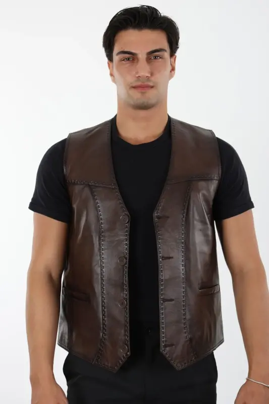 016 Erkek Kahverengi Hakiki Deri Yelek