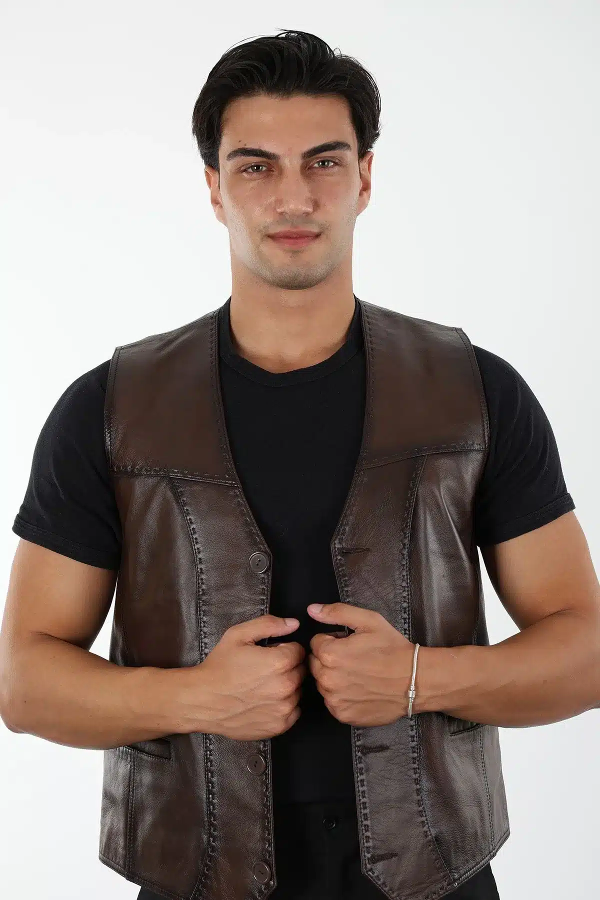 016 Erkek Kahverengi Hakiki Deri Yelek