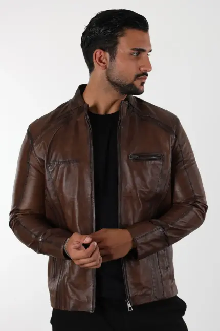 Küba Erkek Kahverengi Kısa Hakiki Deri Ceket