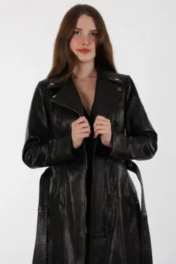 Lambert Siyah Uzun Kadın Hakiki Deri Ceket