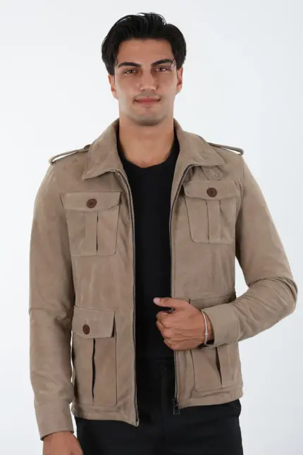 Petra Erkek Bej Kısa Hakiki Deri Ceket
