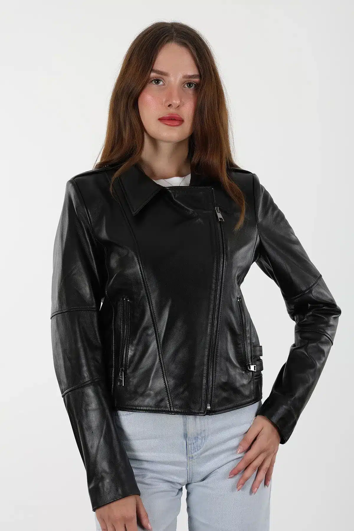 Safır Kısa Siyah Kadın Hakiki Deri Ceket