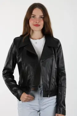 Safır Kısa Siyah Kadın Hakiki Deri Ceket