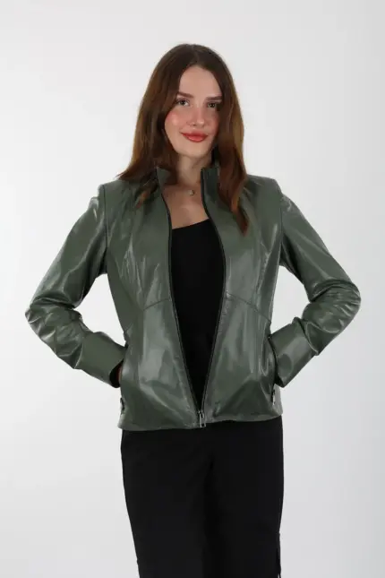 Turmalin Kısa Yeşil Kadın Hakiki Deri Ceket