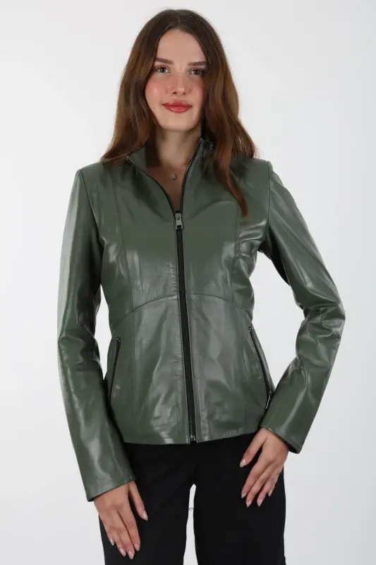 Turmalin Kısa Yeşil Kadın Hakiki Deri Ceket