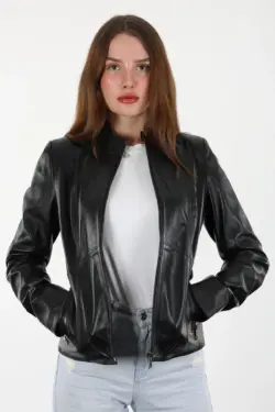Turmalin Siyah Kadın Hakiki Deri Ceket