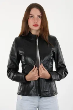 Turmalin Siyah Kadın Hakiki Deri Ceket