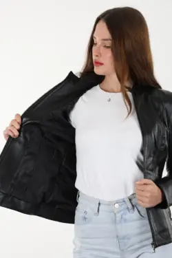 Turmalin Siyah Kadın Hakiki Deri Ceket