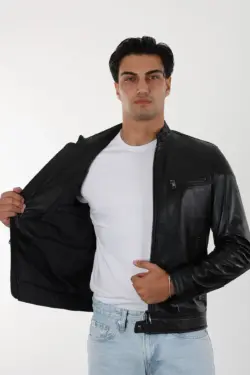 Varombe Erkek Siyah Kısa Hakiki Deri Ceket