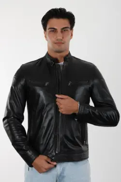 Varombe Erkek Siyah Kısa Hakiki Deri Ceket