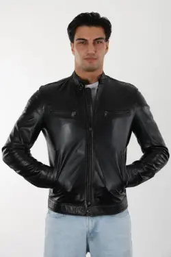 Varombe Erkek Siyah Kısa Hakiki Deri Ceket