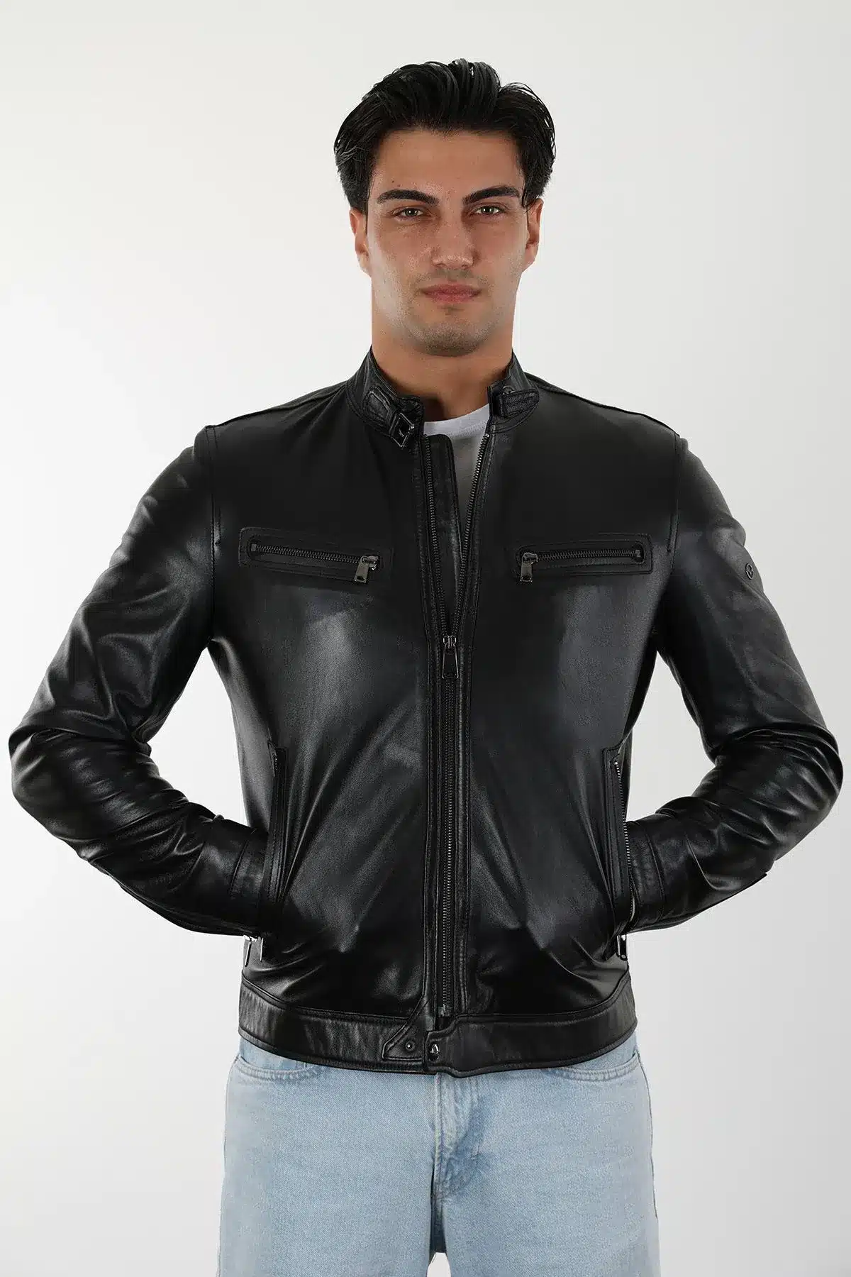 Varombe Erkek Siyah Kısa Hakiki Deri Ceket