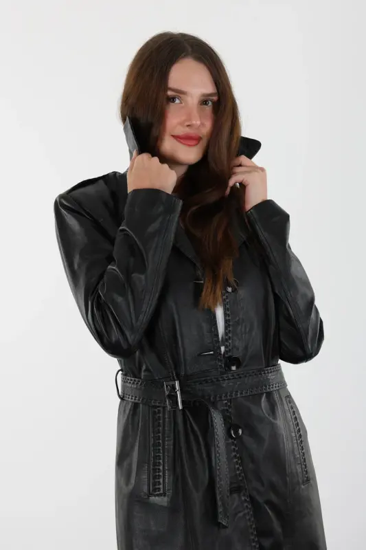 Zig Siyah Uzun Kadın Hakiki Deri Ceket