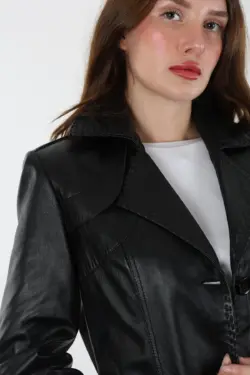 Zig Siyah Uzun Kadın Hakiki Deri Ceket